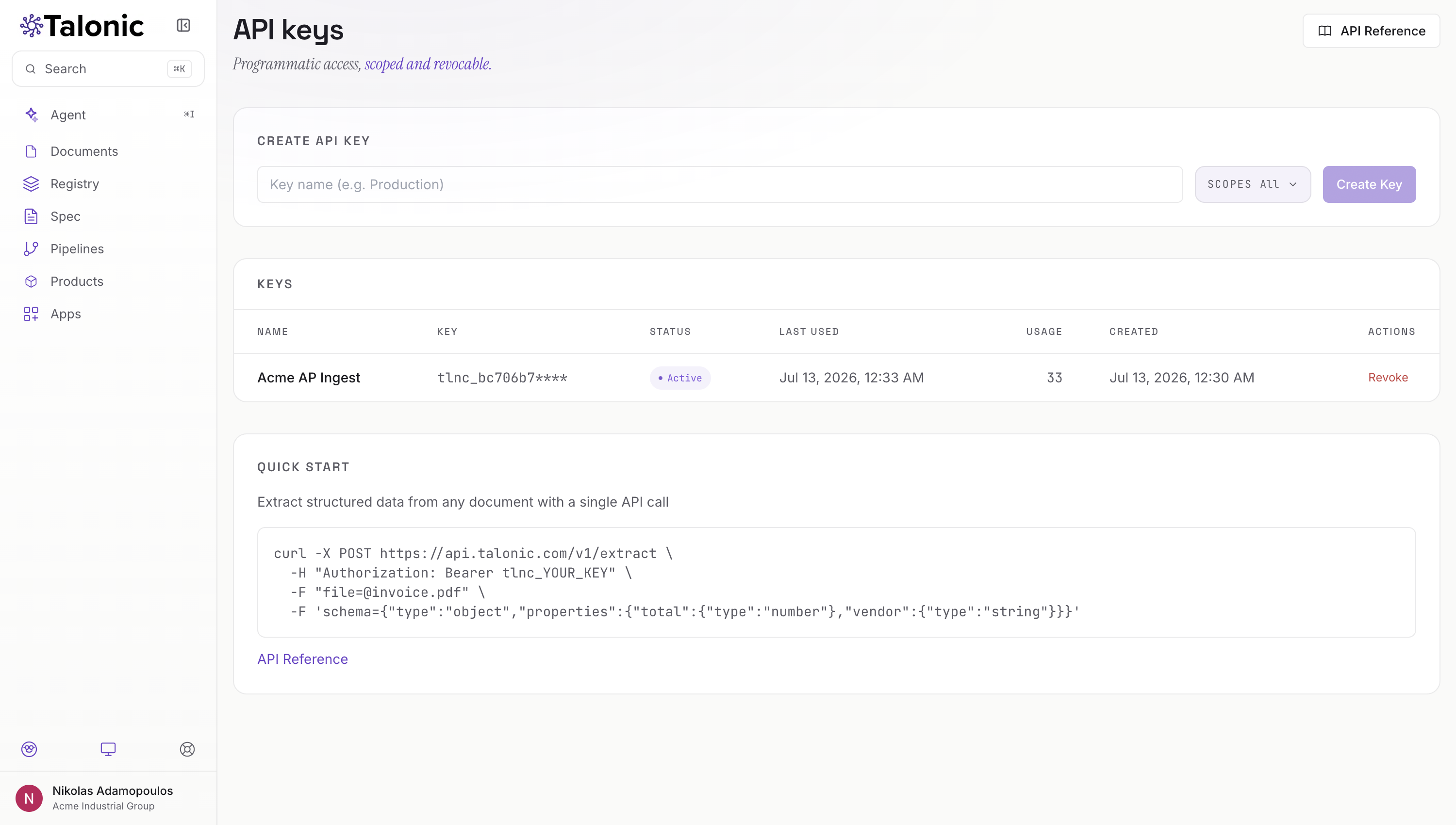 Talonic API keys settings: create a scoped key, the key list with its masked value, status and usage, and a quick-start curl