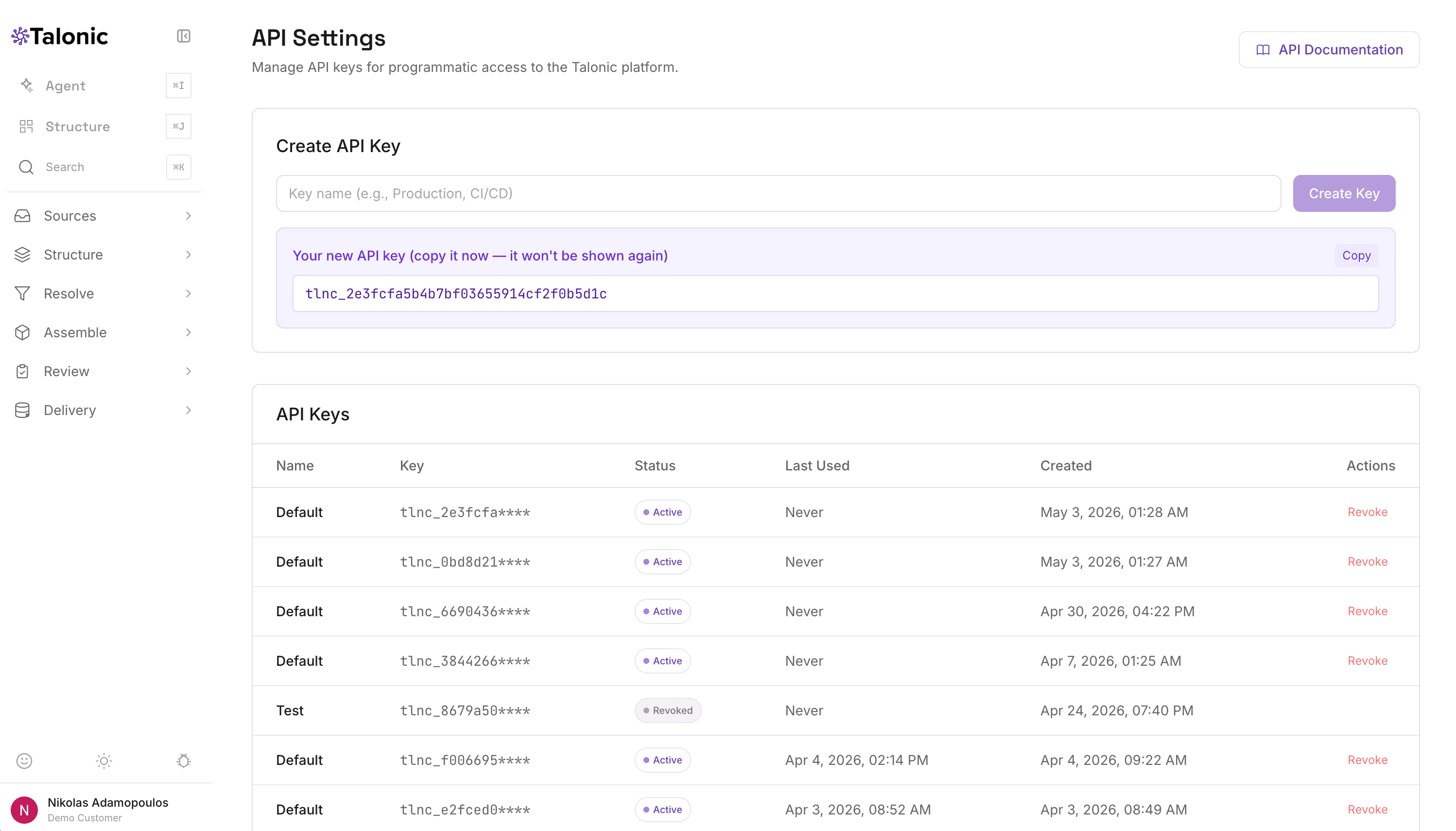 Talonic API Settings showing key creation with newly generated Bearer token, and API key management table with active and revoked keys