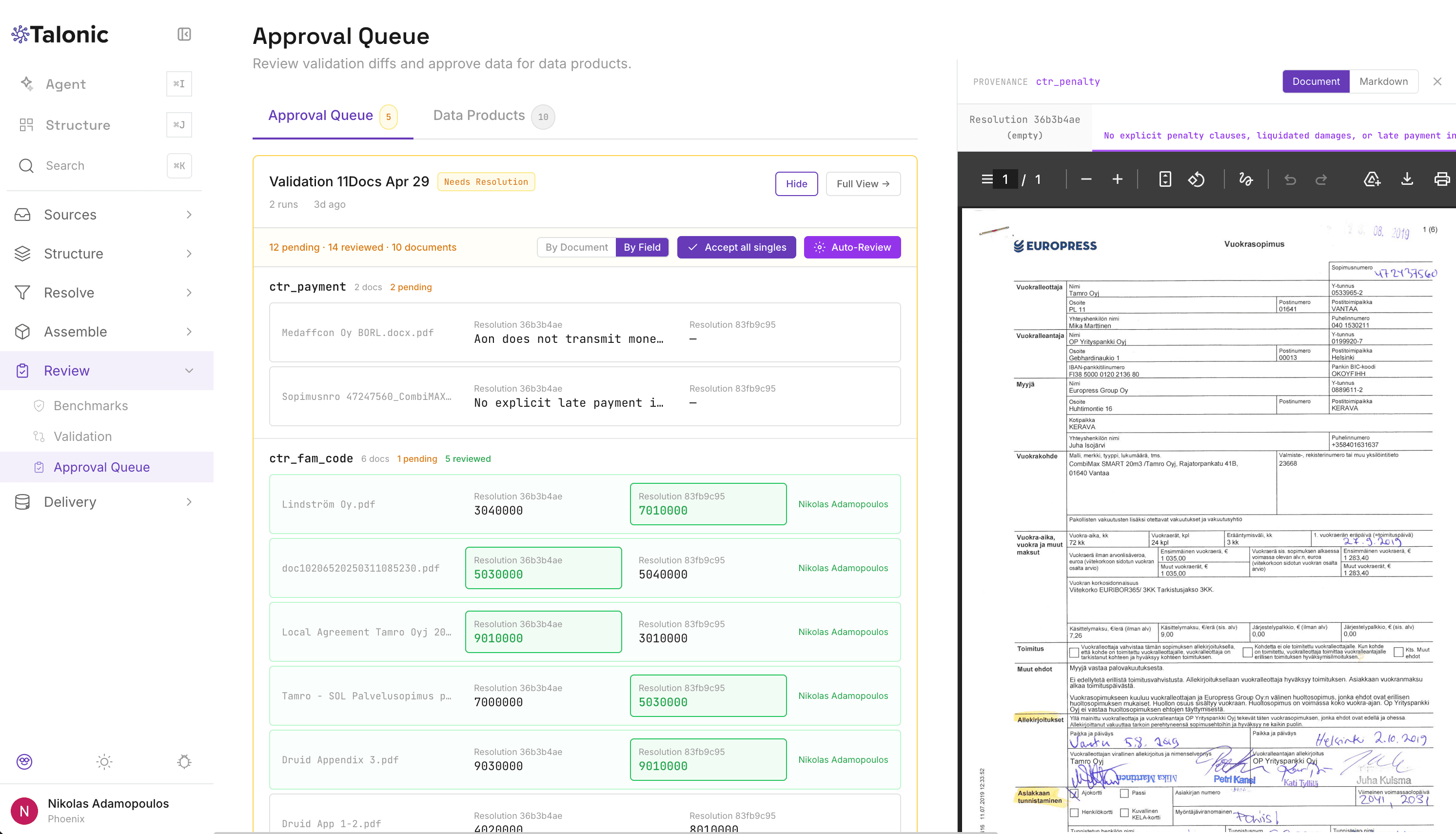 Talonic Approval Queue showing validation diffs across contract fields, pending and reviewed documents with resolution comparisons, and original document preview