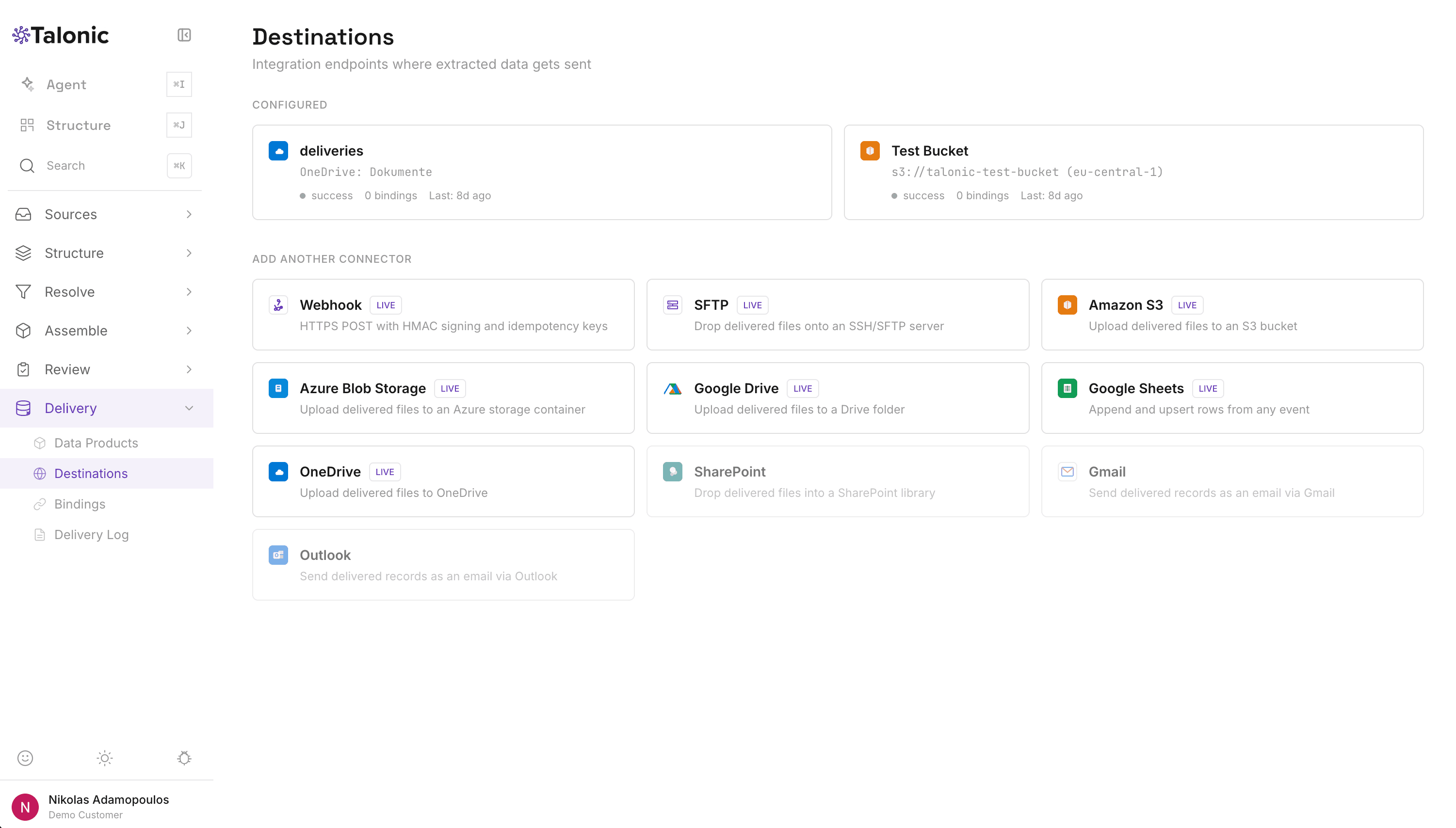 Talonic Delivery Destinations showing configured OneDrive and S3 endpoints, plus available connectors: Webhook, SFTP, Amazon S3, Azure Blob, Google Drive, Google Sheets, OneDrive, SharePoint, Gmail, Outlook