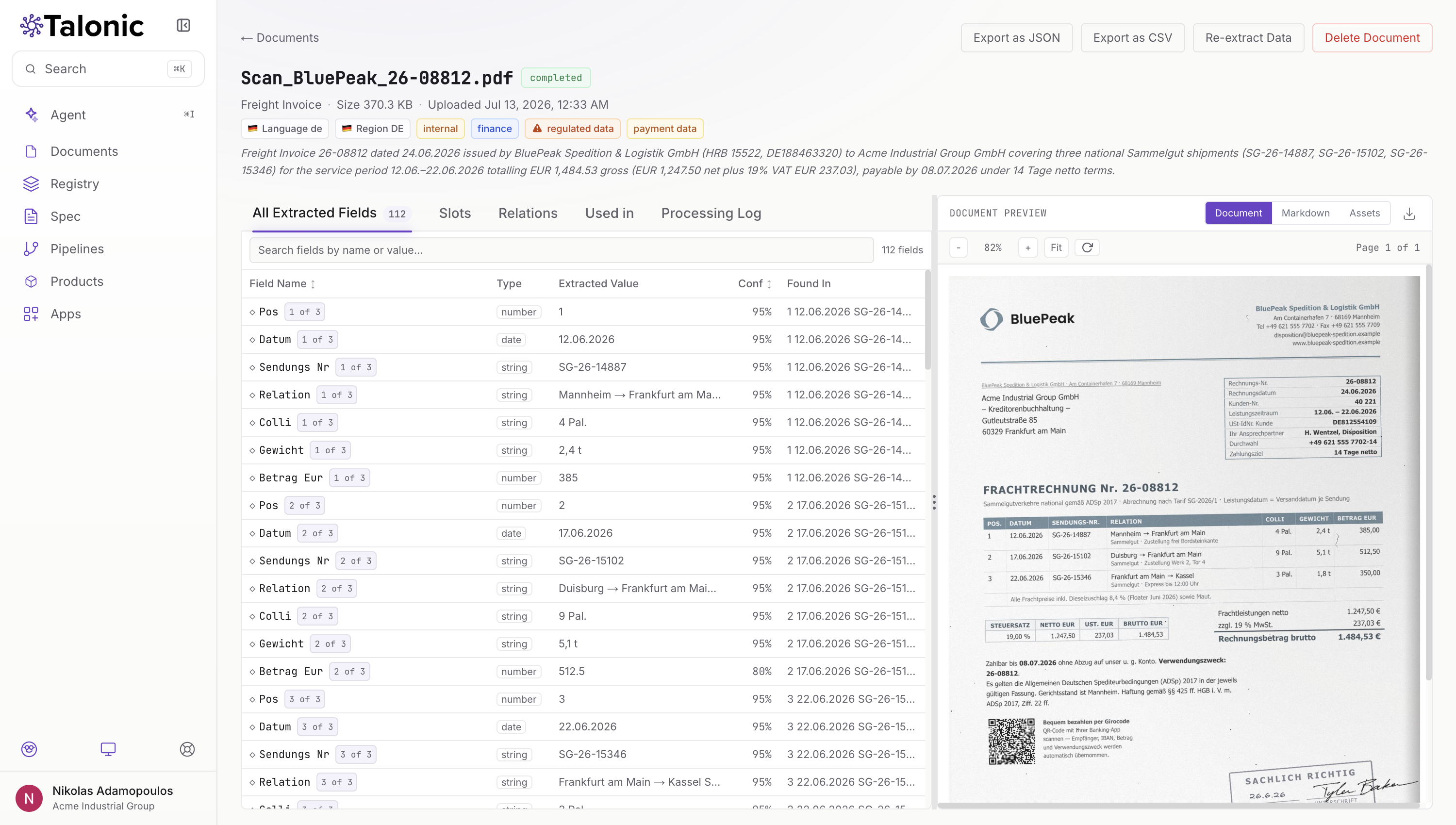 Talonic document view: 112 extracted fields with type, value and confidence beside the scanned freight invoice they came from