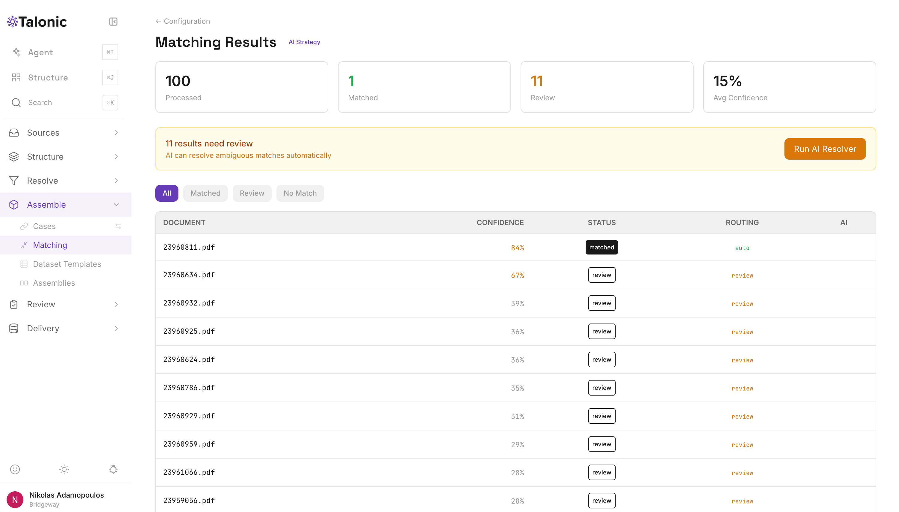 Talonic Matching Results showing 100 processed documents with confidence scores, matched and review status badges, and AI resolver for ambiguous matches