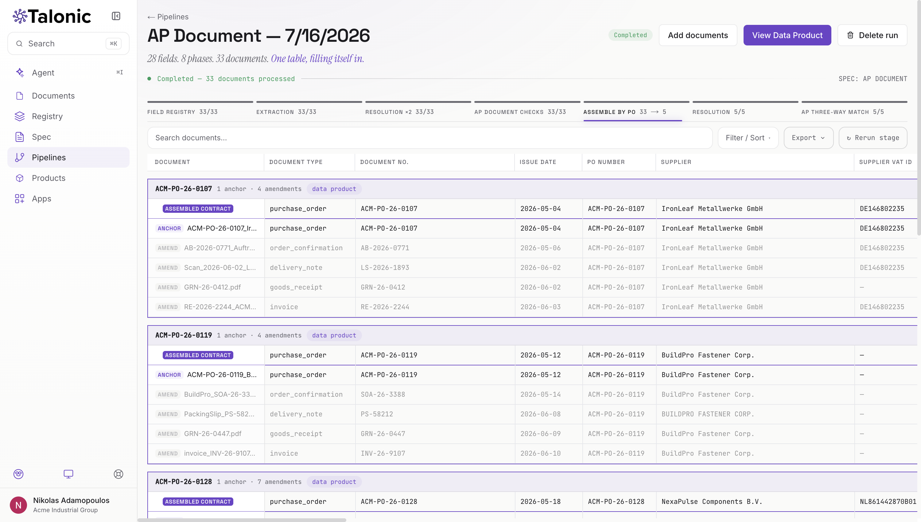 Talonic assembly stage: each purchase order as an anchor with its order confirmation, delivery note, goods receipt and invoice grouped beneath it