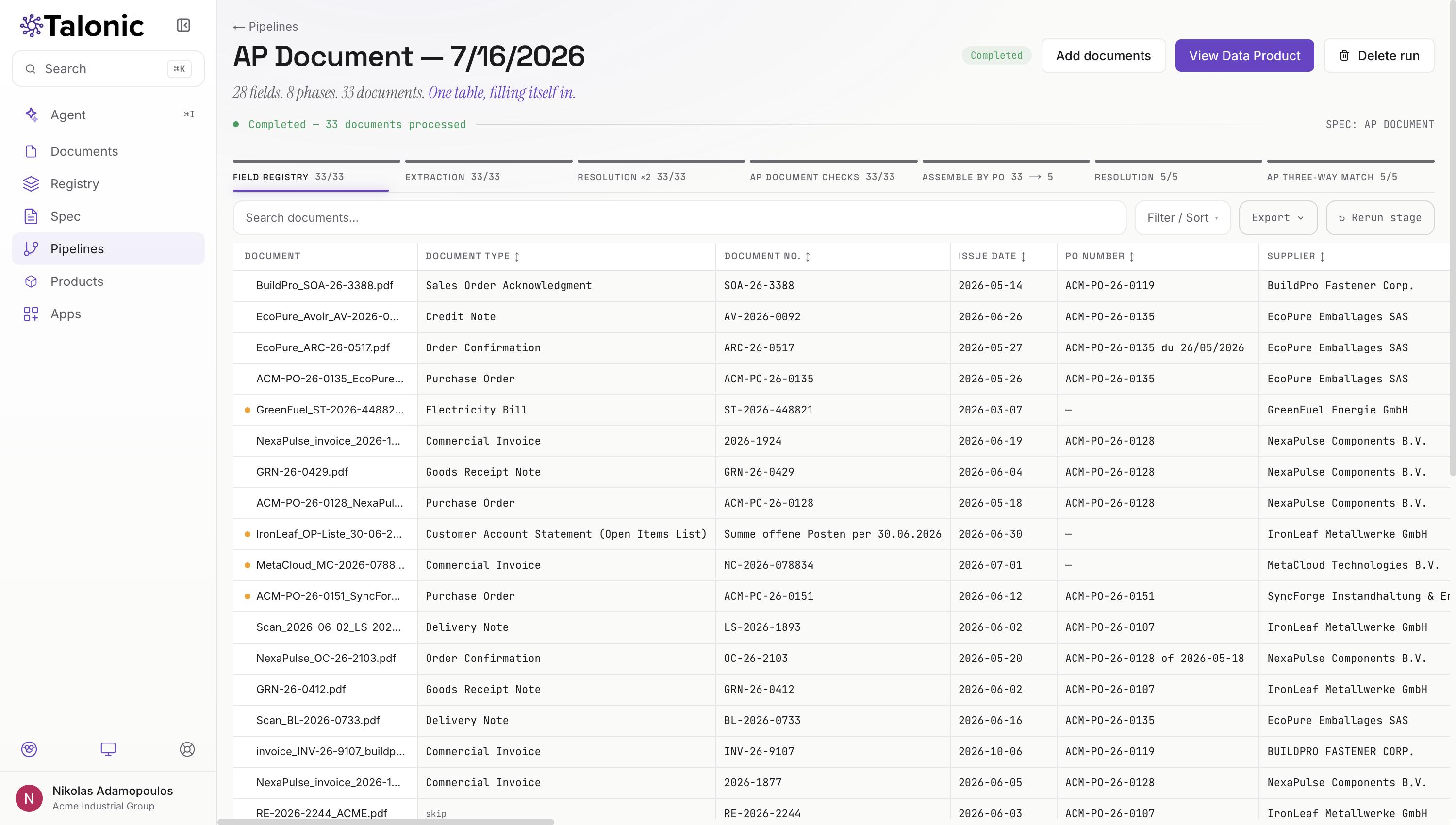Talonic pipeline run: 33 procurement documents in one grid, one row per document, with document type, number, date, purchase order number and supplier resolved