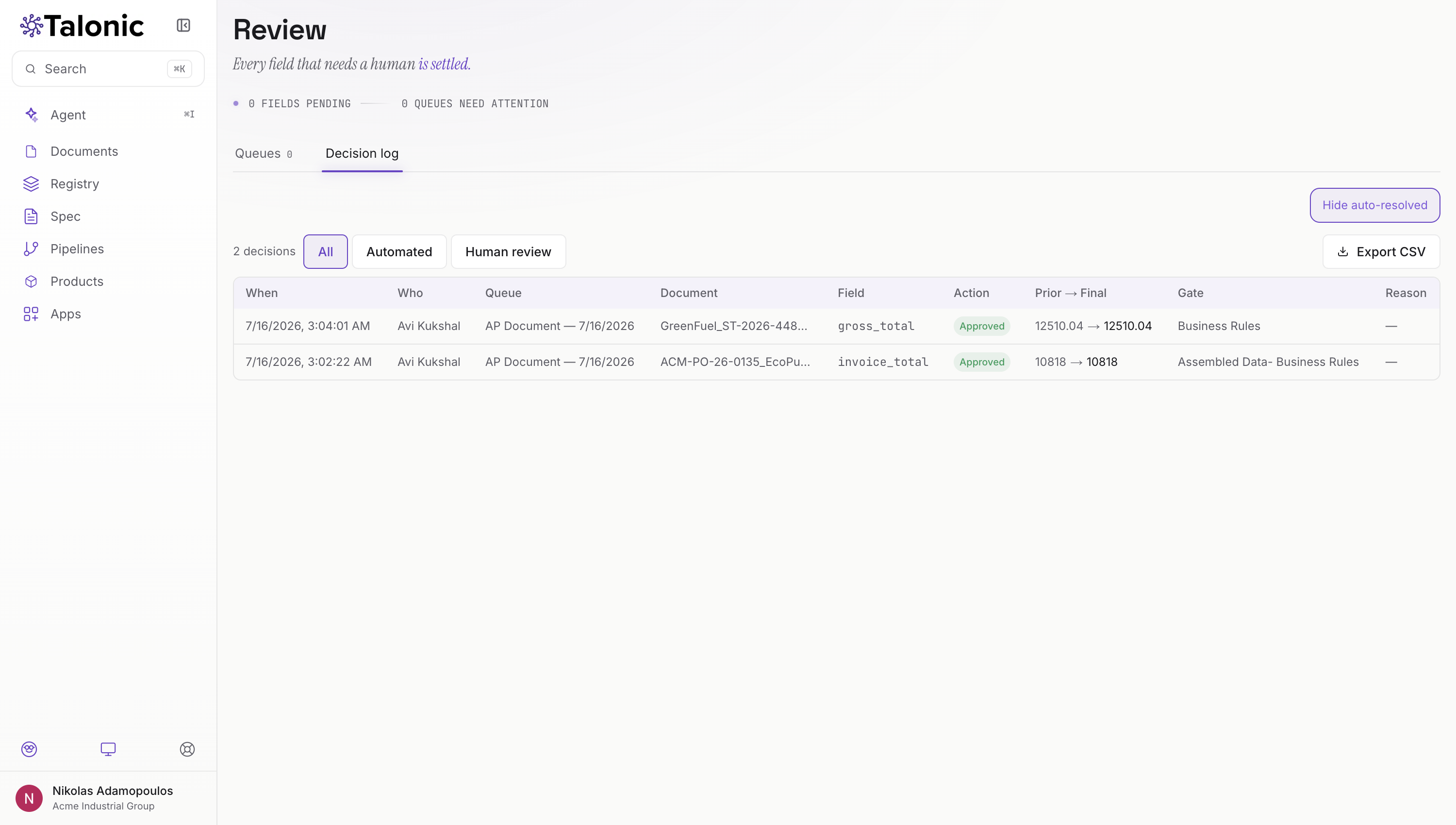 Talonic review decision log: who decided, the document and field, the prior and final value, and the gate that held it