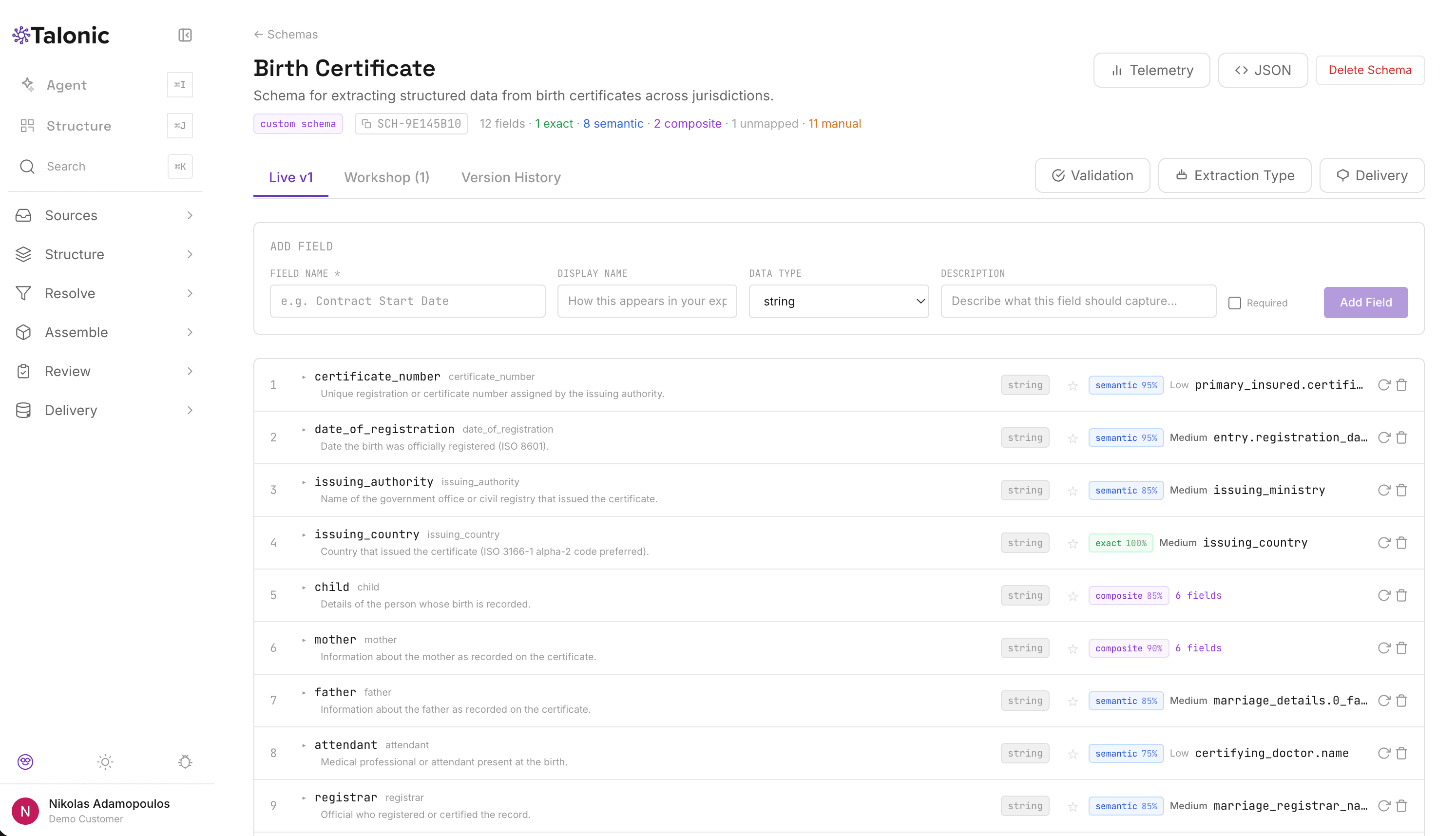 Talonic schema editor for Birth Certificate showing 12 fields with semantic and composite matching, field descriptions, confidence scores, and registry mappings