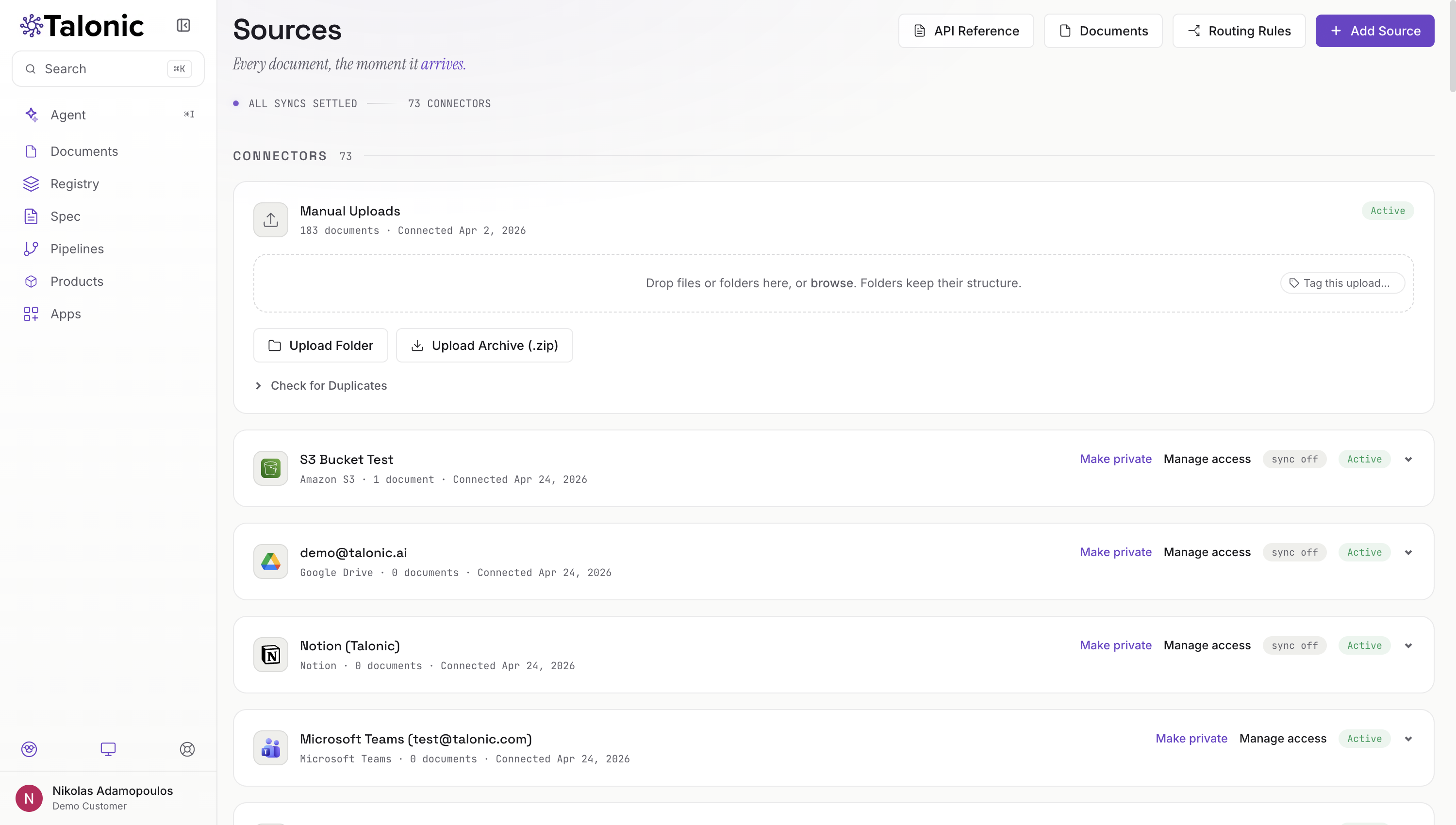 Talonic Sources: manual uploads, Amazon S3, Google Drive, Notion and Microsoft Teams connectors, each active