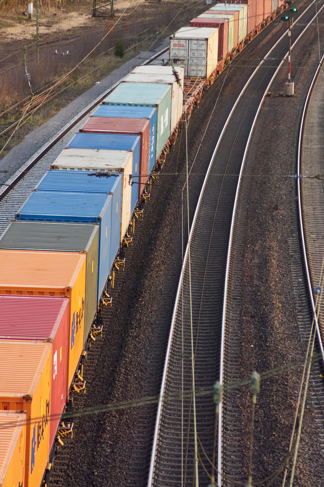 Shipping containers on a freight train seen from above