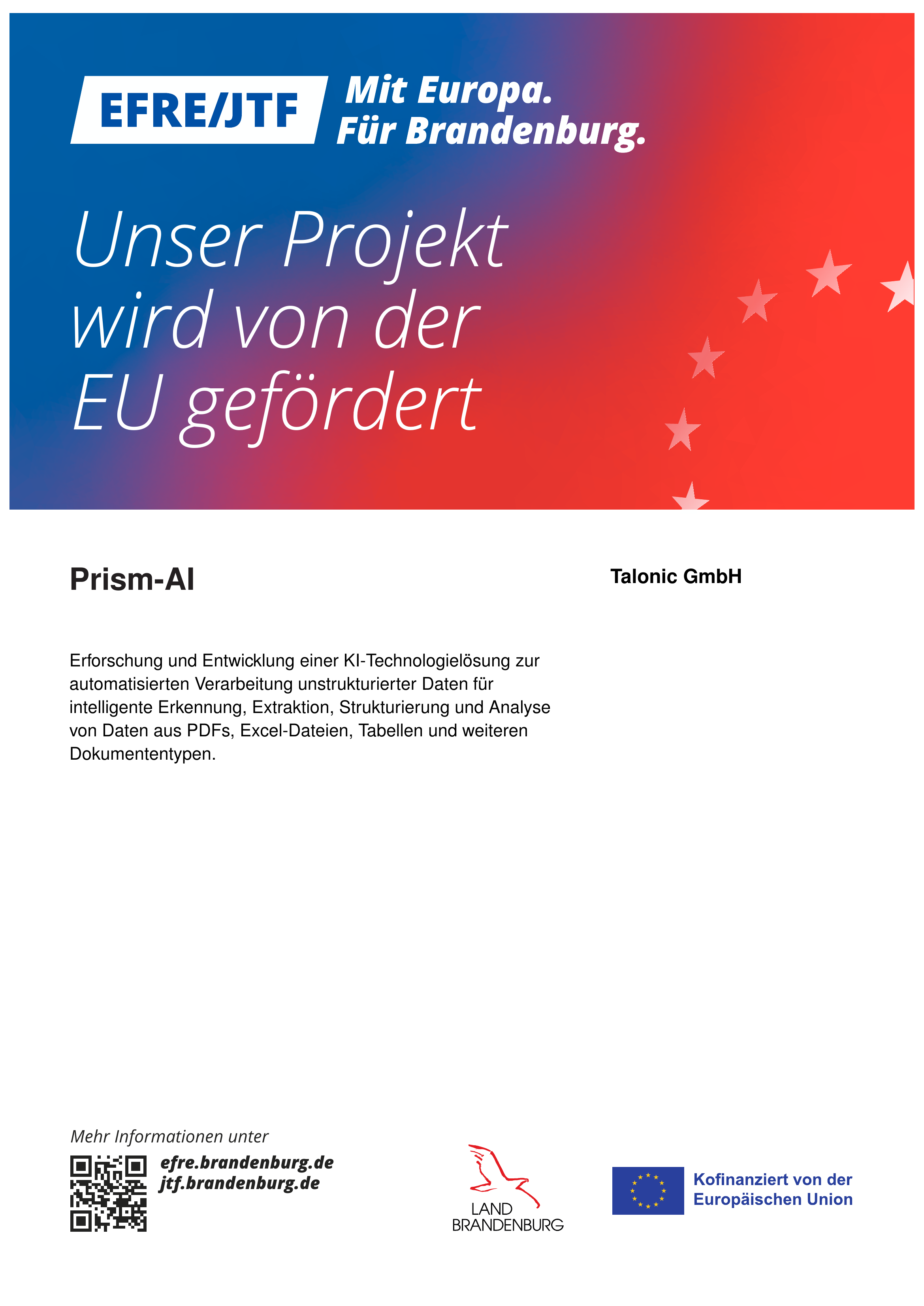 Prism-AI — EU funding disclosure poster (EFRE/JTF Brandenburg)
