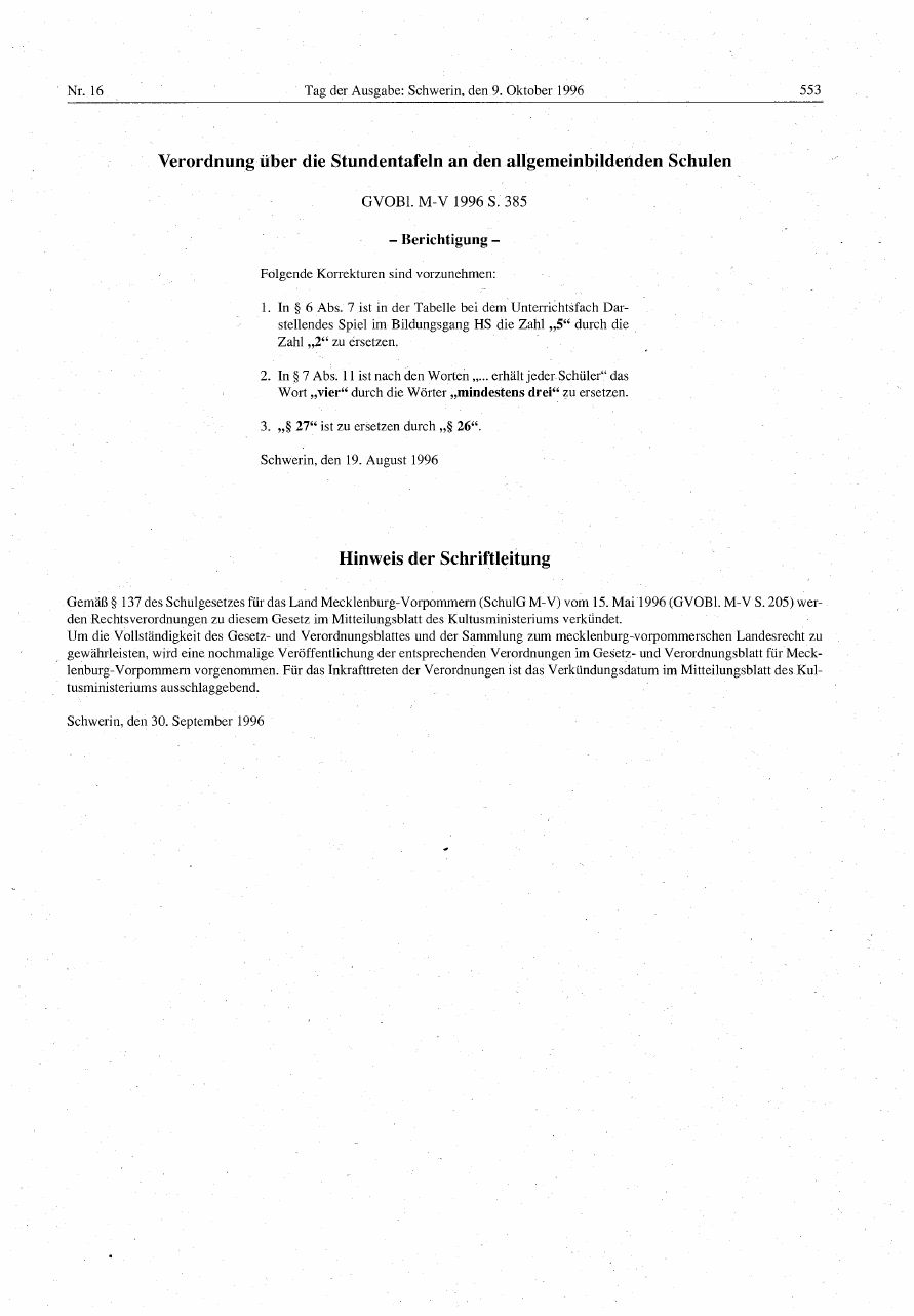 Gazette correction page: three numbered sentences amending the timetable regulation, with no table at all