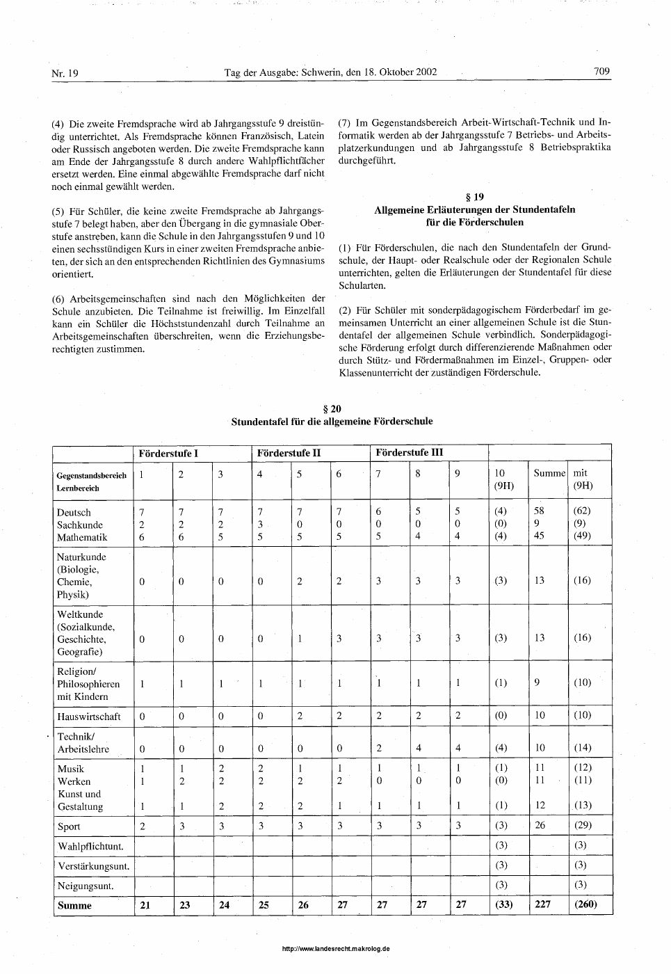 Full gazette page: two columns of legal prose above the § 20 special-needs school timetable with a two-level header